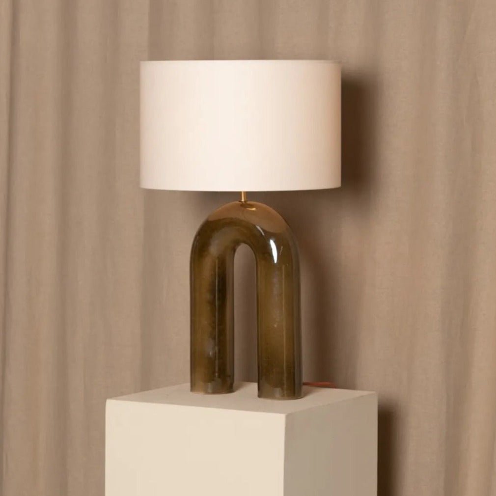 24" Ceramic Olive Glazed Table Lamp, Marbled Green, Cotton Drum Shade (EU or US) - Luxury Designer European Lighting