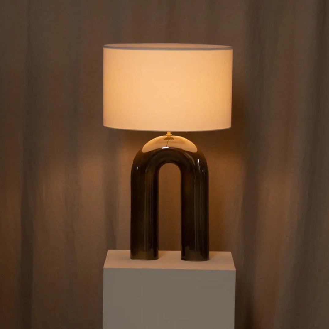 24" Ceramic Olive Glazed Table Lamp, Marbled Green, Cotton Drum Shade (EU or US) - Luxury Designer European Lighting
