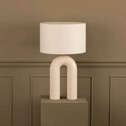 24" U-Shape Ecru Ceramic Table Lamp, Cream Finish, White Cotton Drum Shade (EU or US)