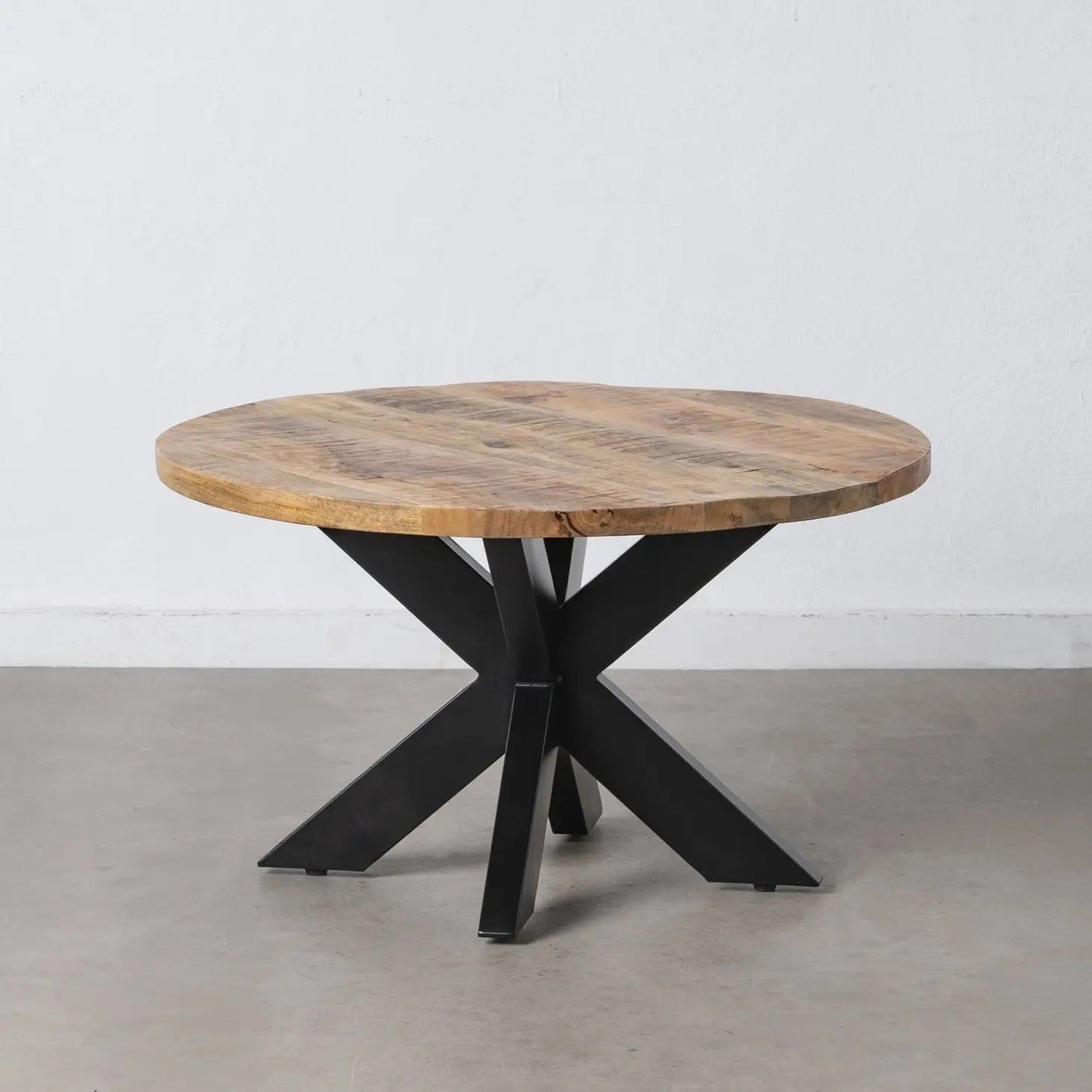 31.5" Solid Mango Wood Round Natural Coffee Table - Black Iron Legs