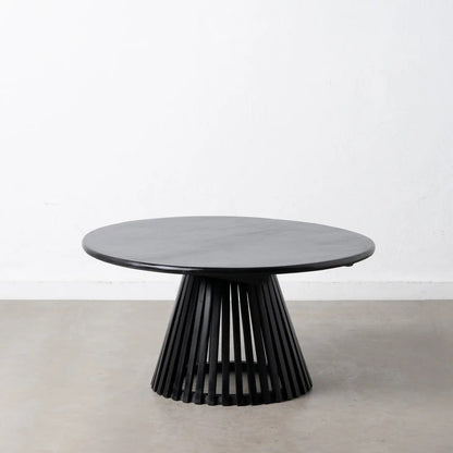35" Solid Mango Wood Round Black Coffee Table - Slatted Base - Luxurious Natural Organic Designer Chic Modern