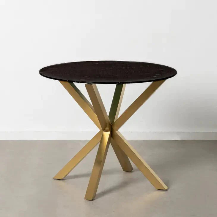 36" Round X-Base Black Marble Dining Table, Gold Steel