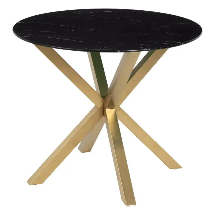 36" Round X-Base Black Marble Dining Table, Gold Steel