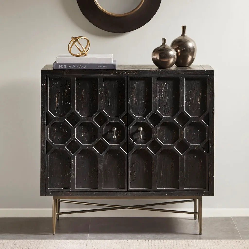 36" Textured Black 2 Door Storage Cabinet, Antiqued Finish