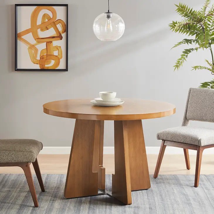 designer Pecan Wood Modern Round 4-Person Dining Table 
