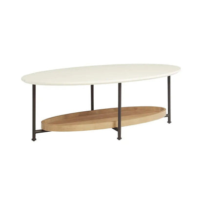 48" White Oval Coffee Table, Wood Base Storage Shelf