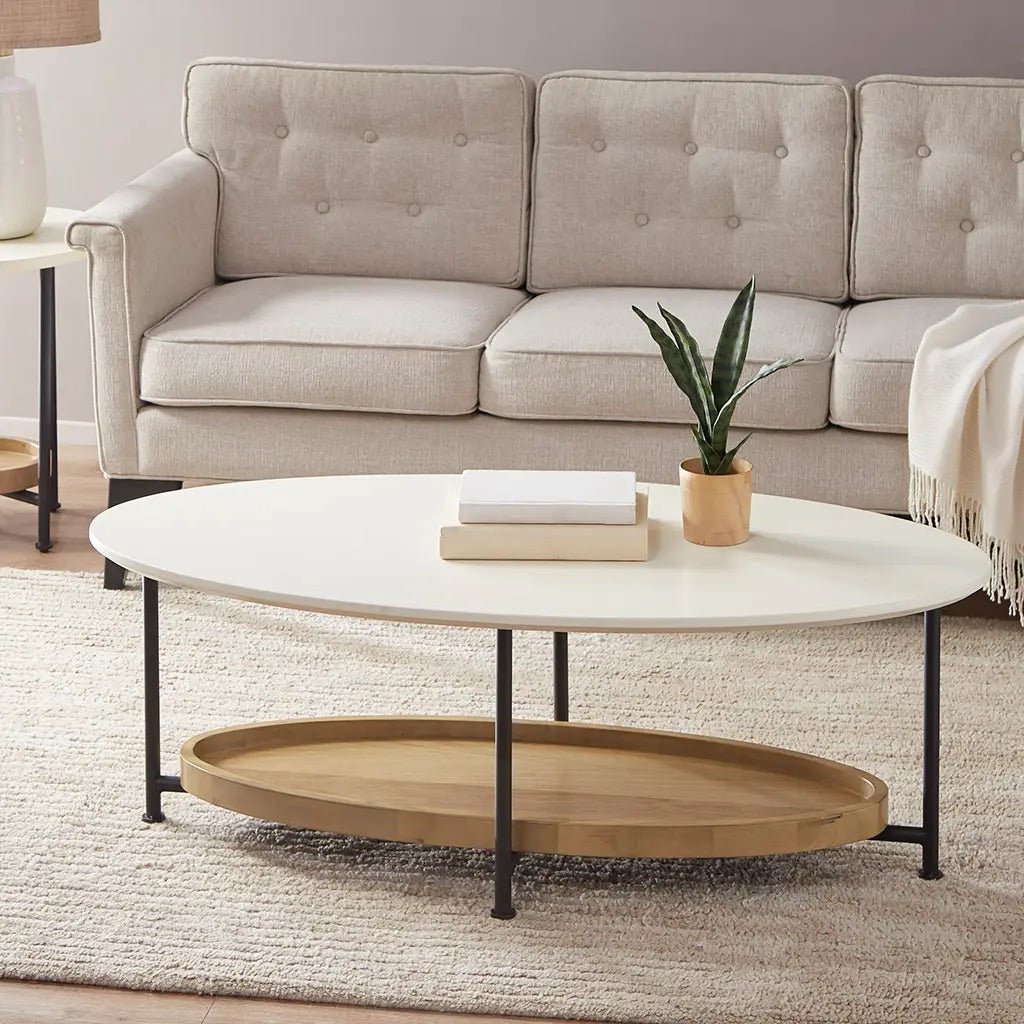 48" White Oval Coffee Table, Wood Base Storage Shelf
