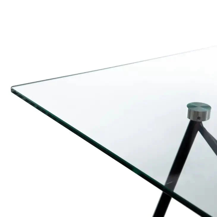 55" Glass Dining Table, Black Metal/Wood Base, Rectangle