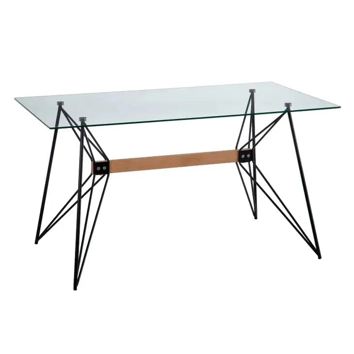 55" Glass Dining Table, Black Metal/Wood Base, Rectangle
