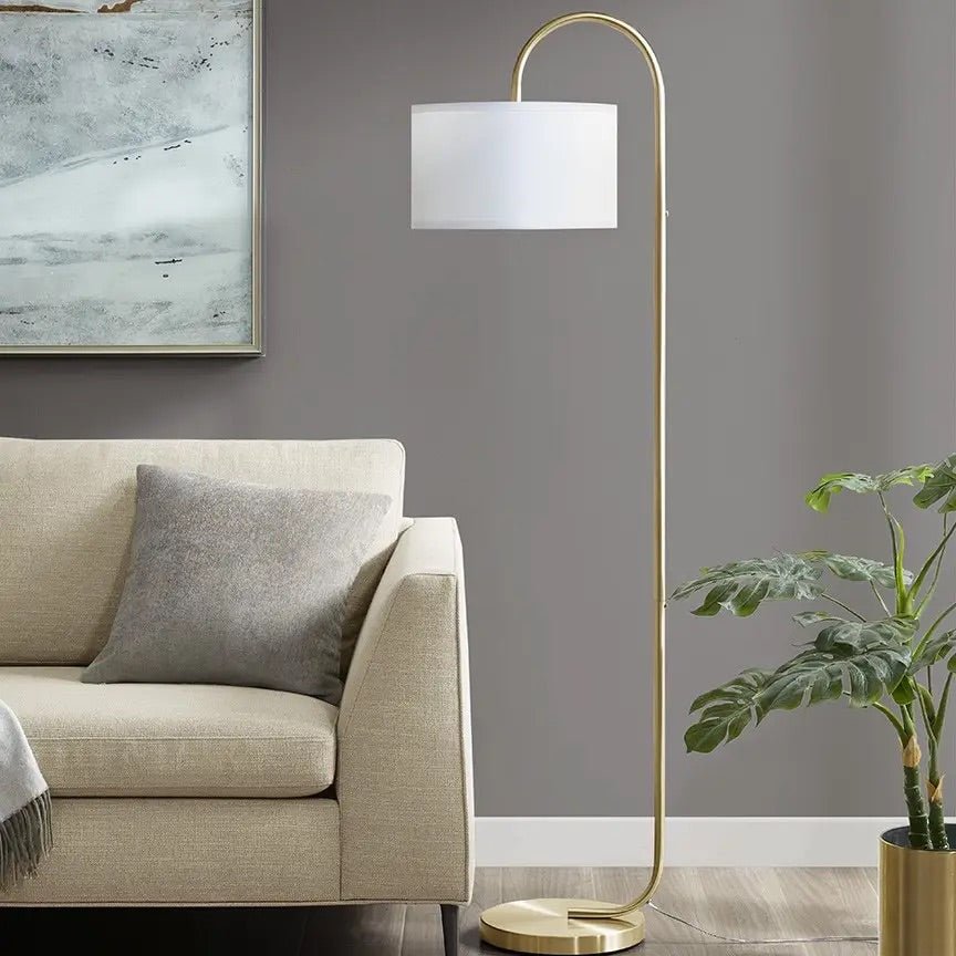 58" Arch Gold Standing Floor Lamp, White Drum Shade