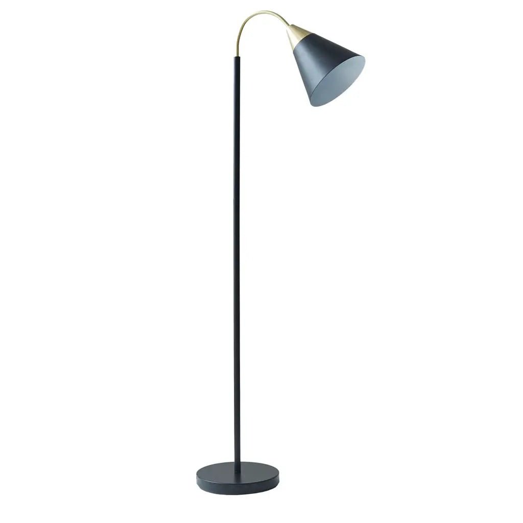 60" Matte Black Gold Arched Neck Floor Lamp, Foot Switch, Mid-Century
