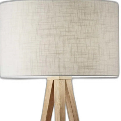 60" Natural Light Oak Tripod Floor Lamp, White Linen Drum Shade