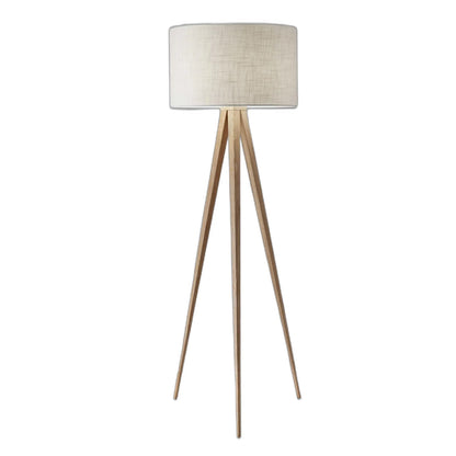 60" Natural Light Oak Tripod Floor Lamp, White Linen Drum Shade
