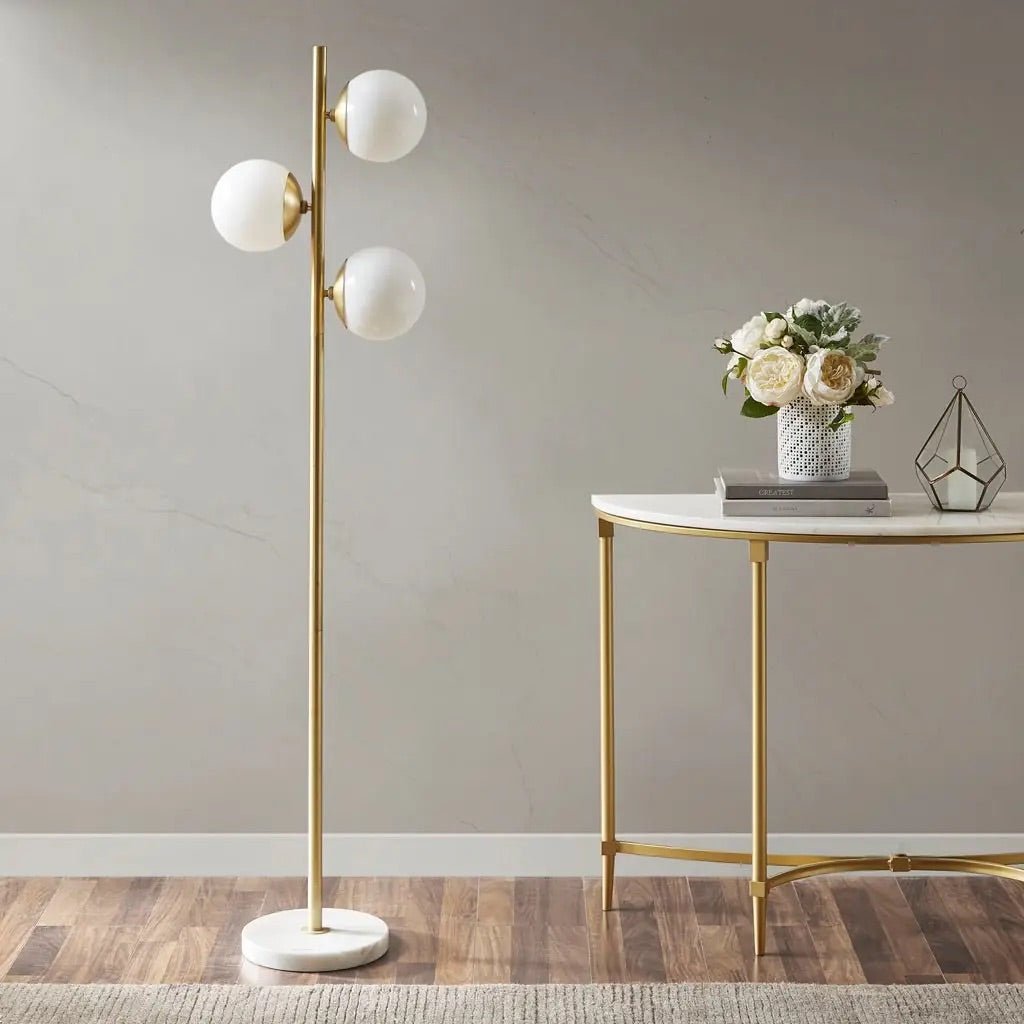 62" White Marble Base Gold, 3-Bulb Globe Floor Lamp Olliix
