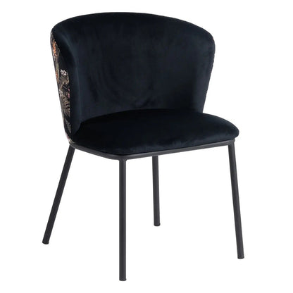 Black Floral Print Velvet Dining Chair, Black Metal Finish (S/2)