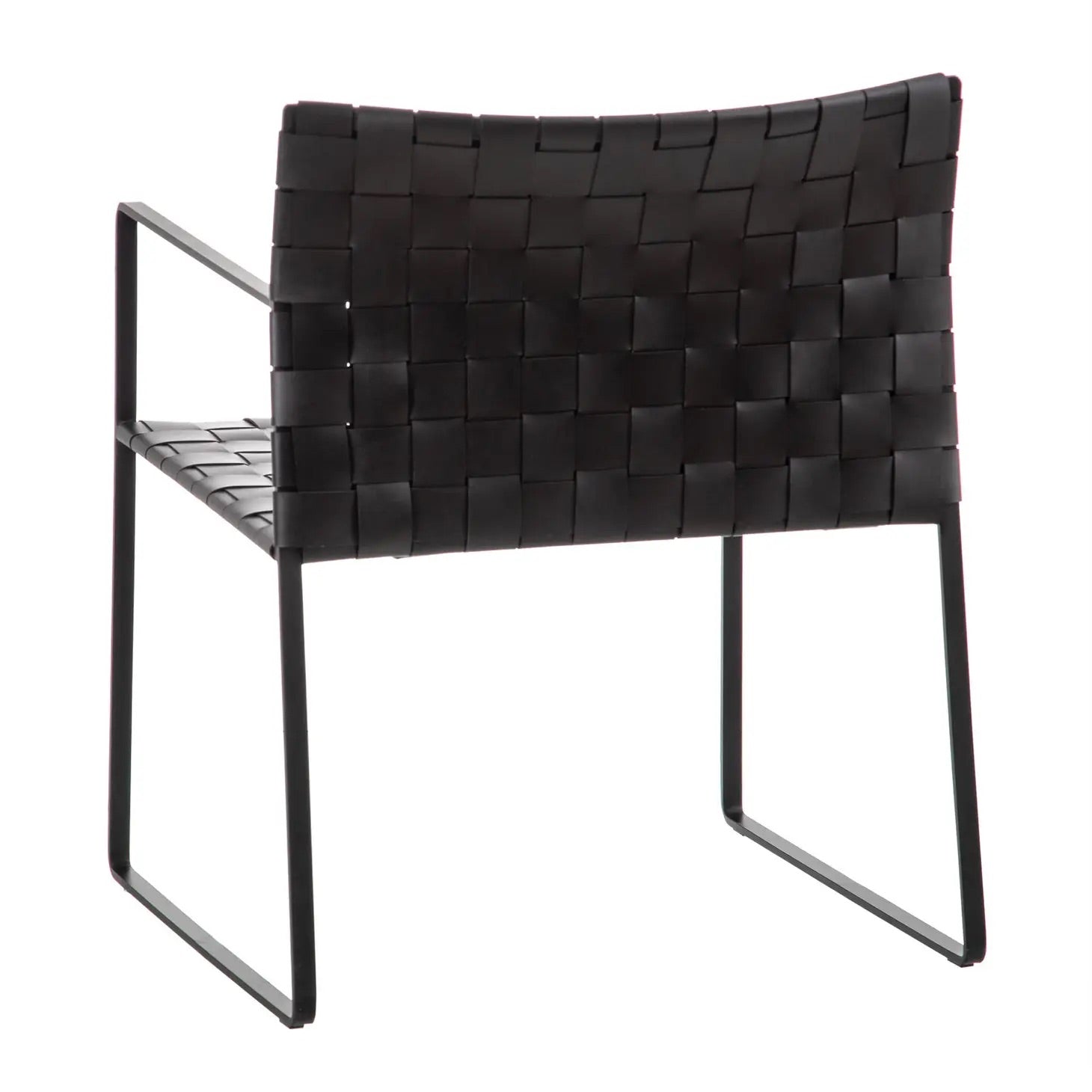 Black Woven Leather Armchair dining chair accent lounge metal frame iron - Black 70s Nordic Mid-Century 
