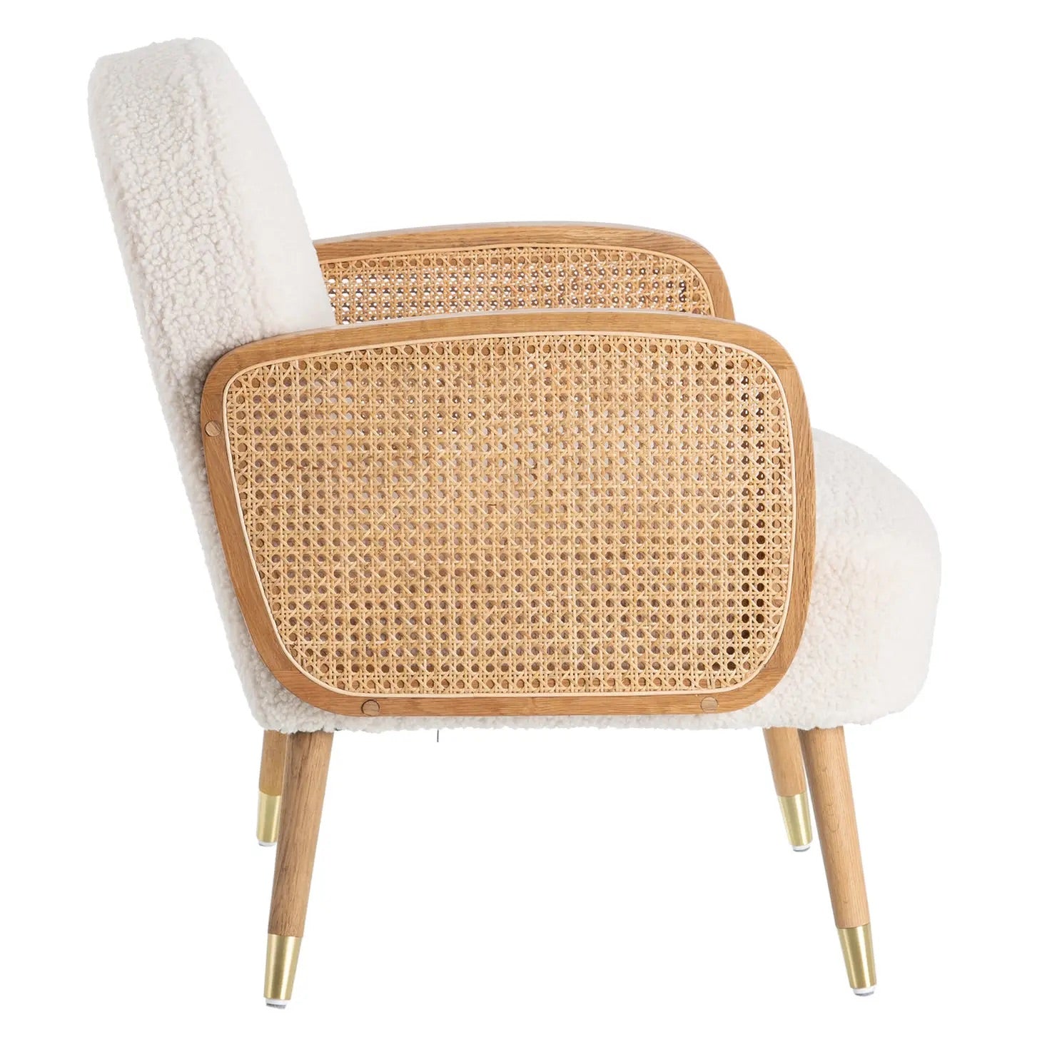 Boucle Armchair with Ecru Wood and Rattan Frame mid century gold detail leg sherpa lounge accent chair white fuzzy