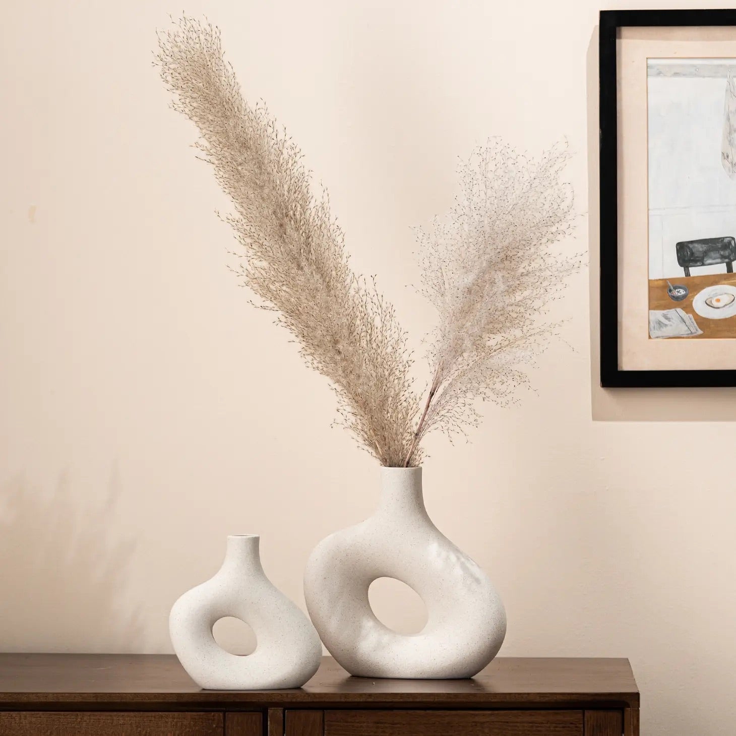 Ceramic Hollow Donut Vase, Off White (Set of 2) boho trendy gift curved irregular wavy curved 