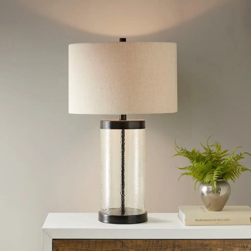Clear Glass/Black Base Contemporary Cylinder Table Lamp, Linen Shade