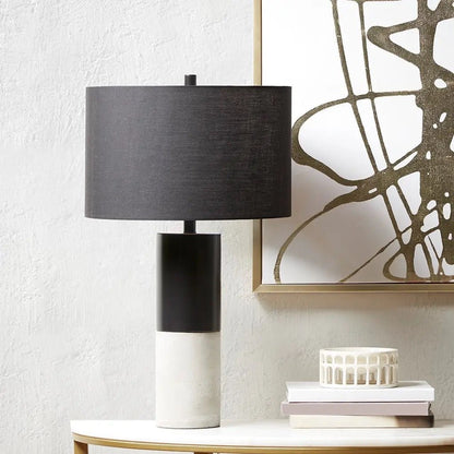 Concrete + Black Steel Table Lamp, Black Fabric Shade Drum Shade, Two Tone
