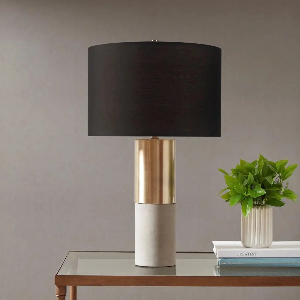 Concrete + Gold Steel Table Lamp, Black Fabric Shade Drum Shade, Two Tone