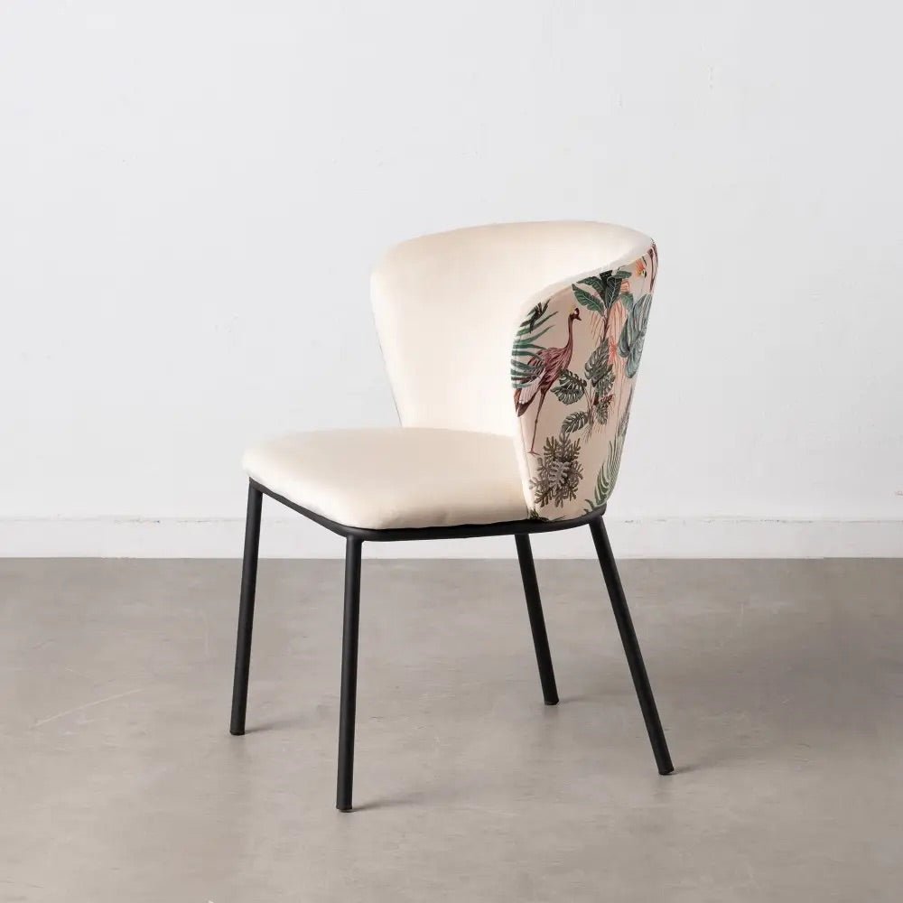 Cream Peacock Print Dining Chair, Black Metal Finish (S/2) luxury designer floral pattern detail curved backrest round profile simple legs