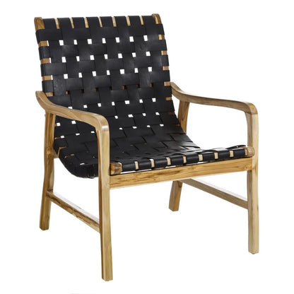 Woven Leather & Teak Wood Accent armchair - Black 70s Nordic Mid-Century 