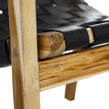 Woven Leather & Teak Wood Accent armchair - Black 70s Nordic Mid-Century 