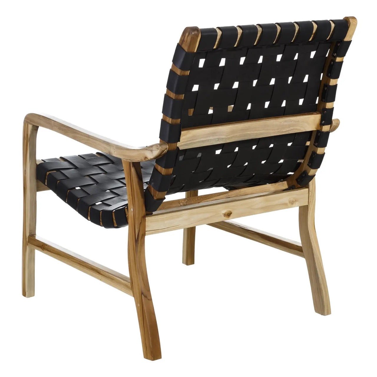 Woven Leather & Teak Wood Accent armchair - Black 70s Nordic Mid-Century  sling curved