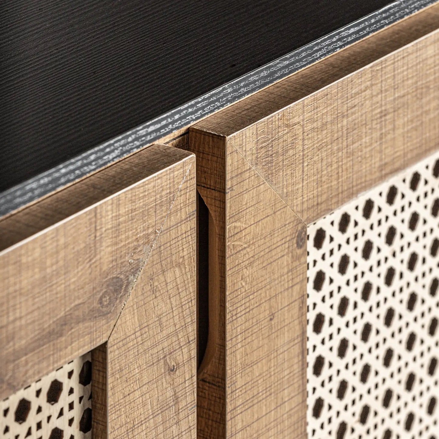 Duane Rattan + Black Wood Storage Cabinet/Console Cane Natural Woven Media Credenza Drawer Shelves