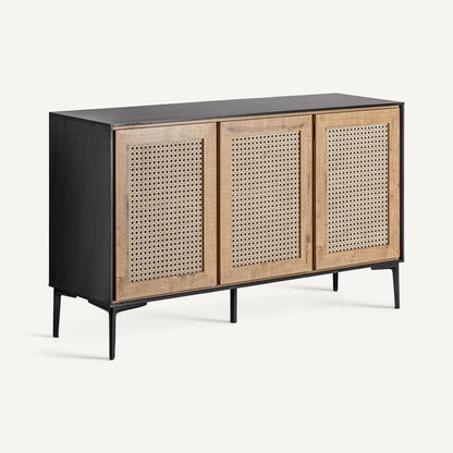 Duane Rattan + Black Wood Storage Cabinet/Console Cane Natural Woven Media Credenza Drawer Shelves