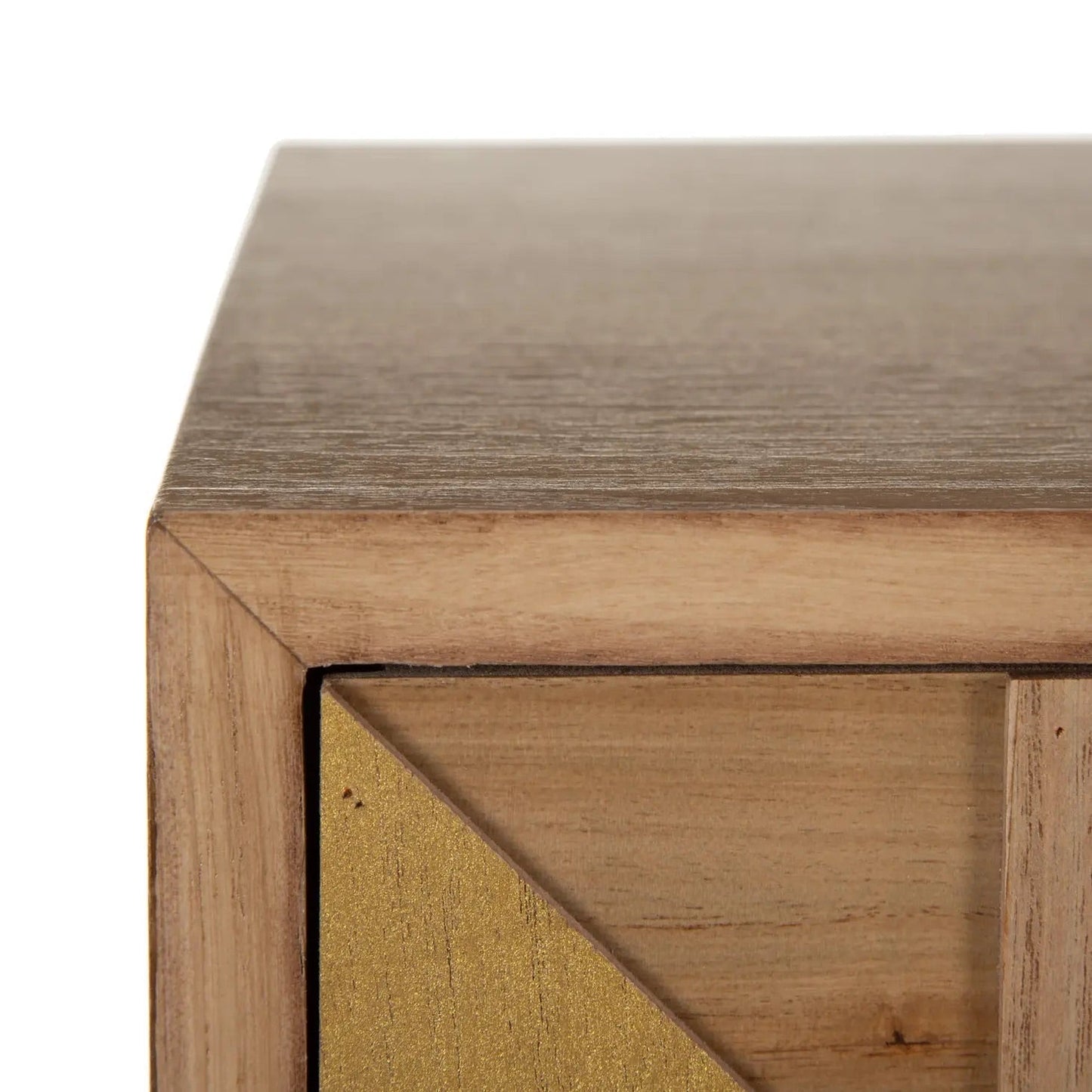Geometric Pattern End Table, 2 Storage Drawers, Yellow Gold Finish, Solid Paulownia Wood European Spanish Style