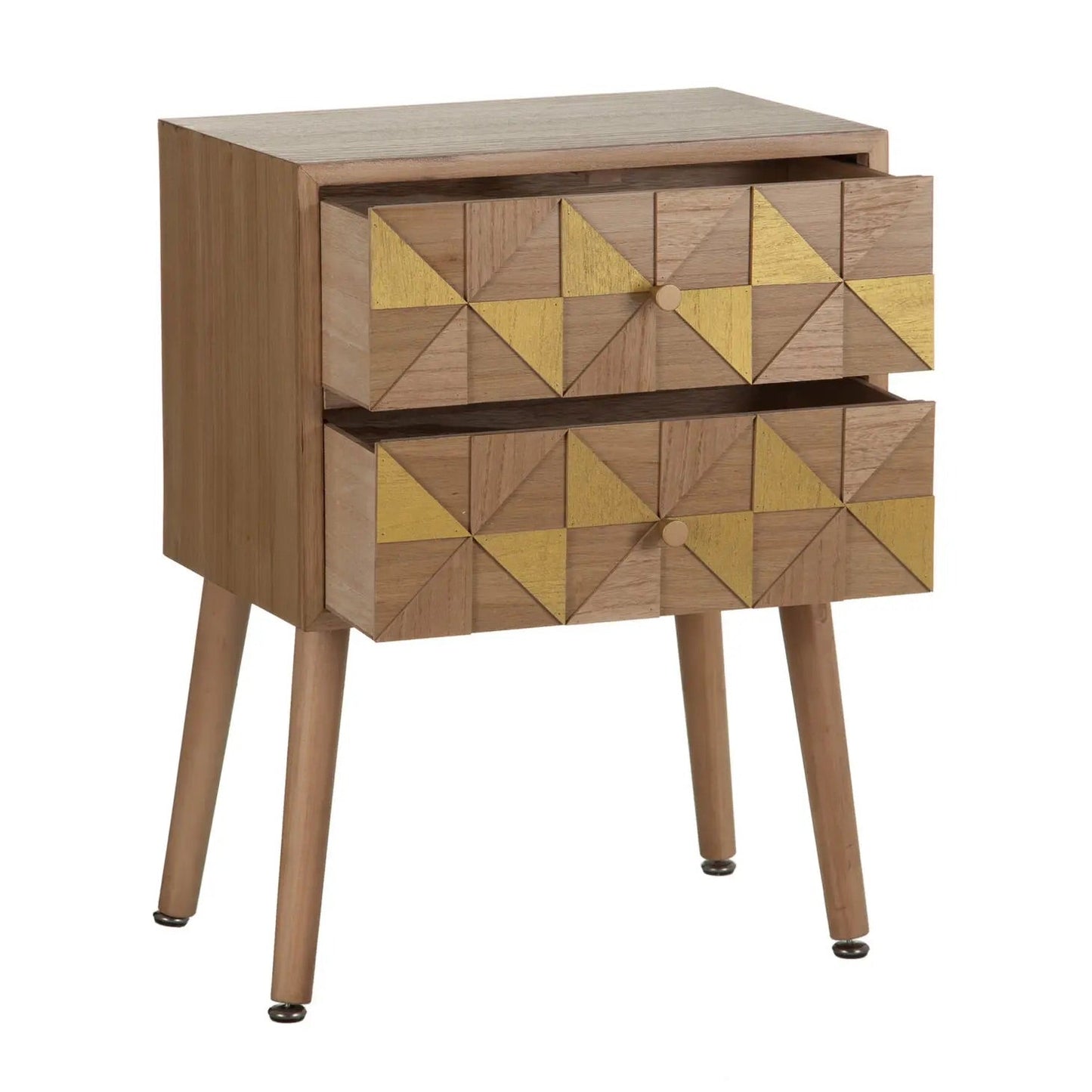 Geometric Pattern End Table, 2 Storage Drawers, Yellow Gold Finish, Solid Paulownia Wood European Spanish Style