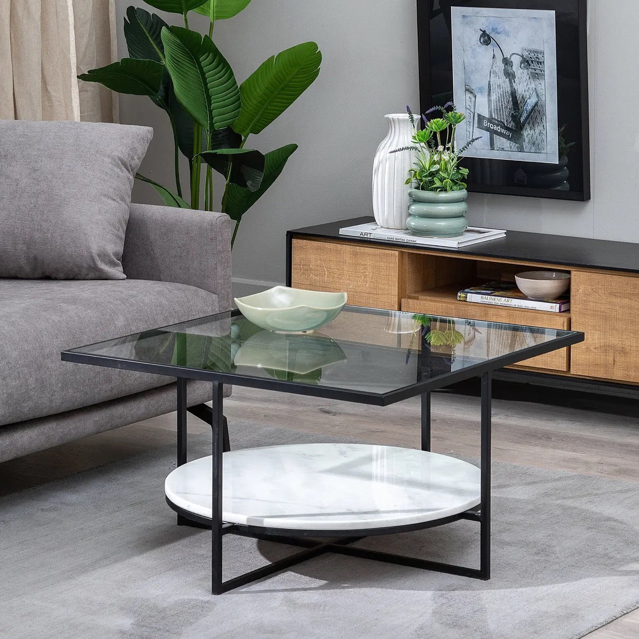 Glass Coffee Table with Round Marble Shelf