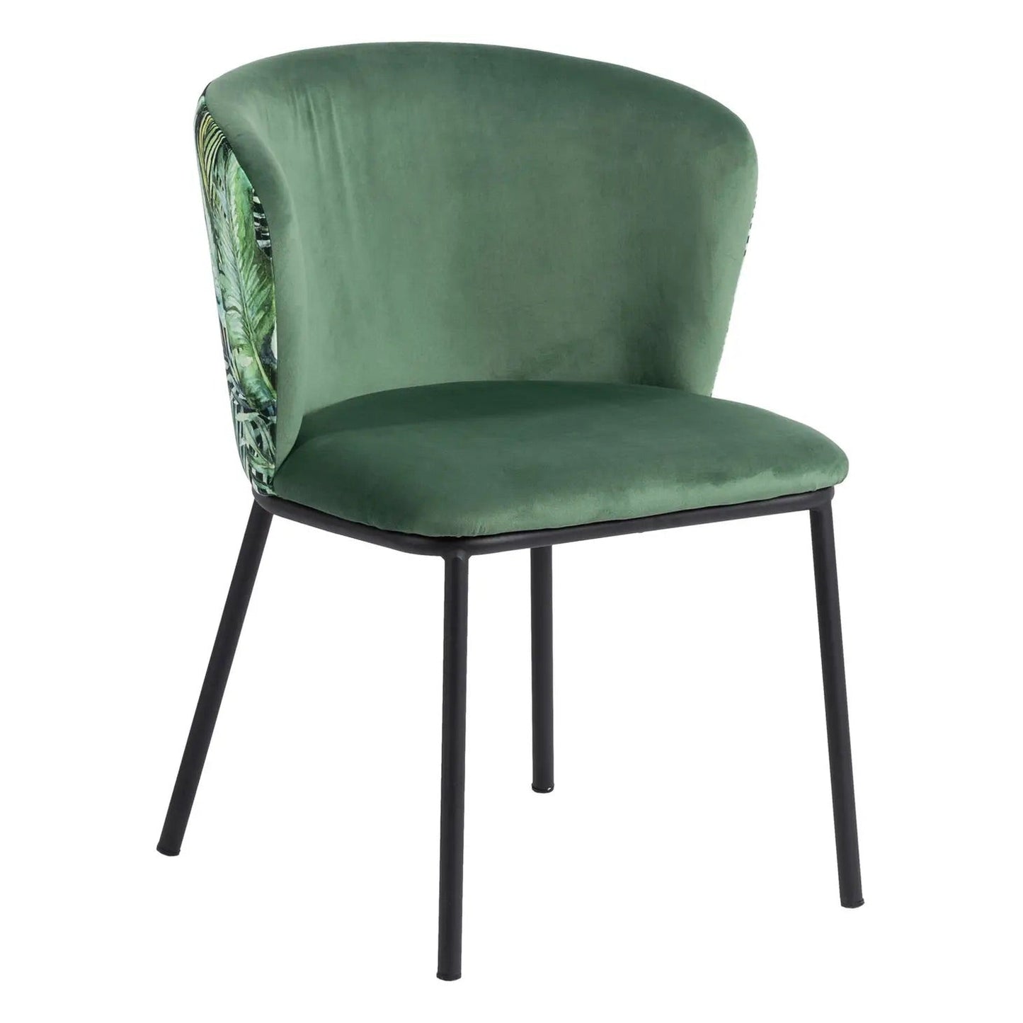 Green Floral Leaf Print Dining Chair, Black Metal Finish (S/2)