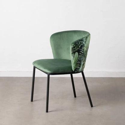 Green Floral Leaf Print Dining Chair, Black Metal Finish (S/2)