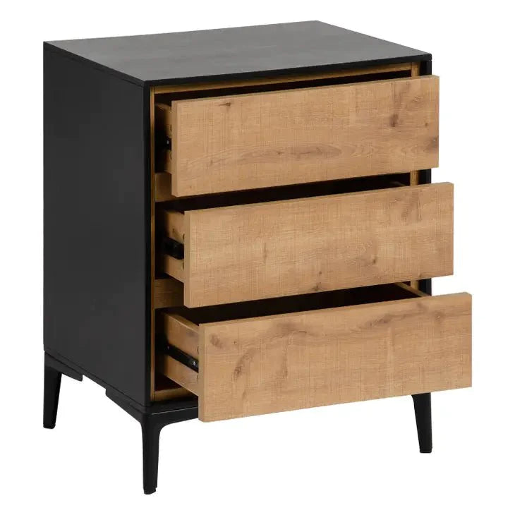 Greenwich black/natural end table, 3 drawer storage