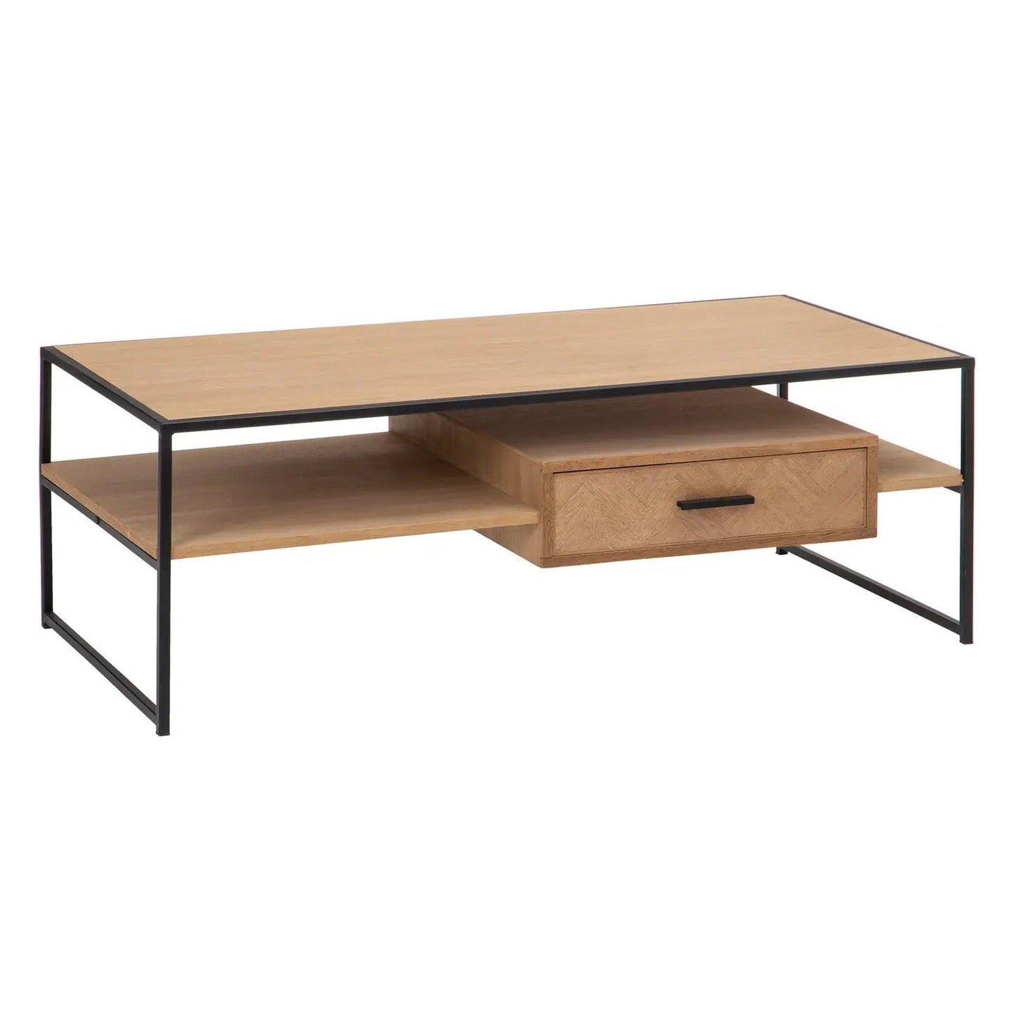 Herringbone Wood Coffee Table with Drawer Shelf Storage