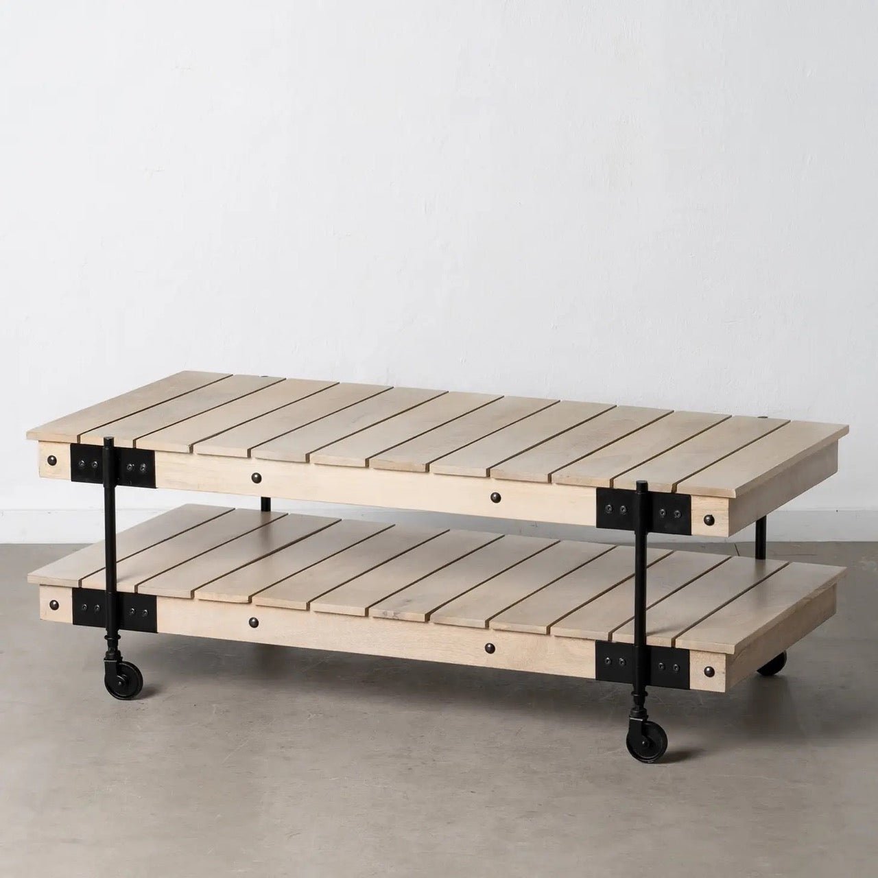 Industrial Wooden Slatted Coffee Table with Shelf Storage + Wheels
