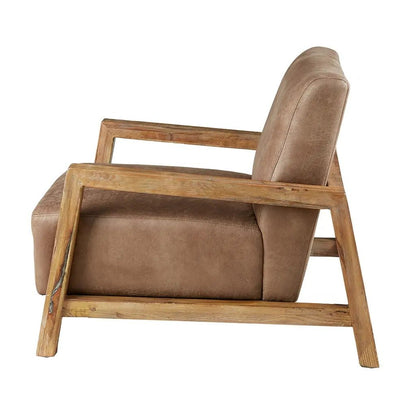 Leather Low Chair with Reclaimed Wood Finish, Tan Brown