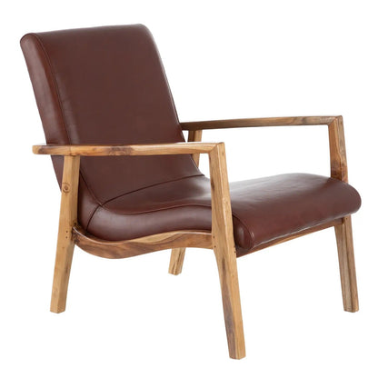 Luxurious Leather & Teak Wood Lounge Chair - Mahogany Brown 70s Nordic Mid-Century