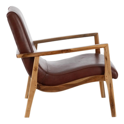 Luxurious Leather & Teak Wood Lounge Chair - Mahogany Brown 70s Nordic Mid-Century