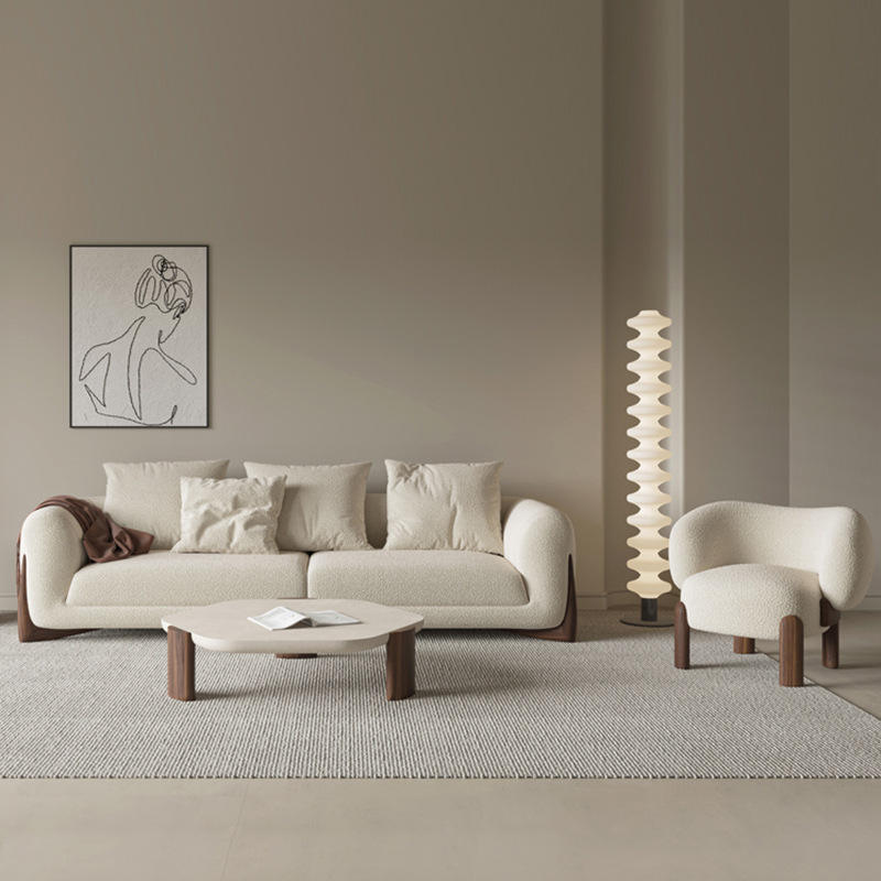 Luxe Boucle Sofa Set / Minimalist Nordic Design with walnut base