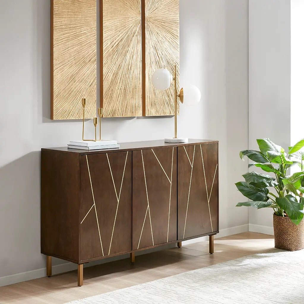 modern-mid-century-credenza-geomtric-pattern-brown-white-wood luxury designer gold white detail wood high end