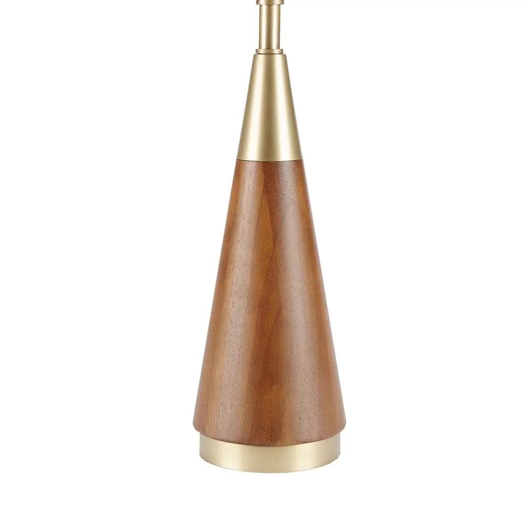 Mid-Century Modern Gold, Pecan Wood 2-Tone Table Lamp, White Drum Shade
