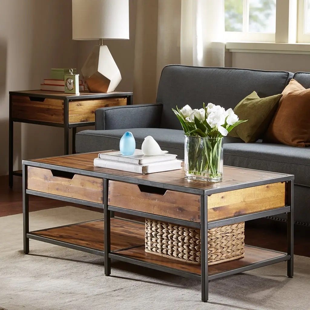 Modern Industrial Wooden Coffee Table with Storage Drawers + Shelf