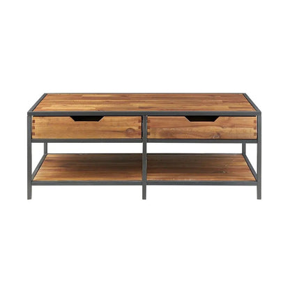 Modern Industrial Wooden Coffee Table with Storage Drawers + Shelf