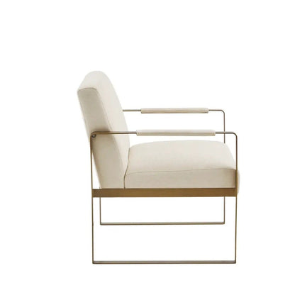 Designer Metal Base Lounge Accent Chair, Ivory Fabric/Gold Luxury High end upholstered trendy chic