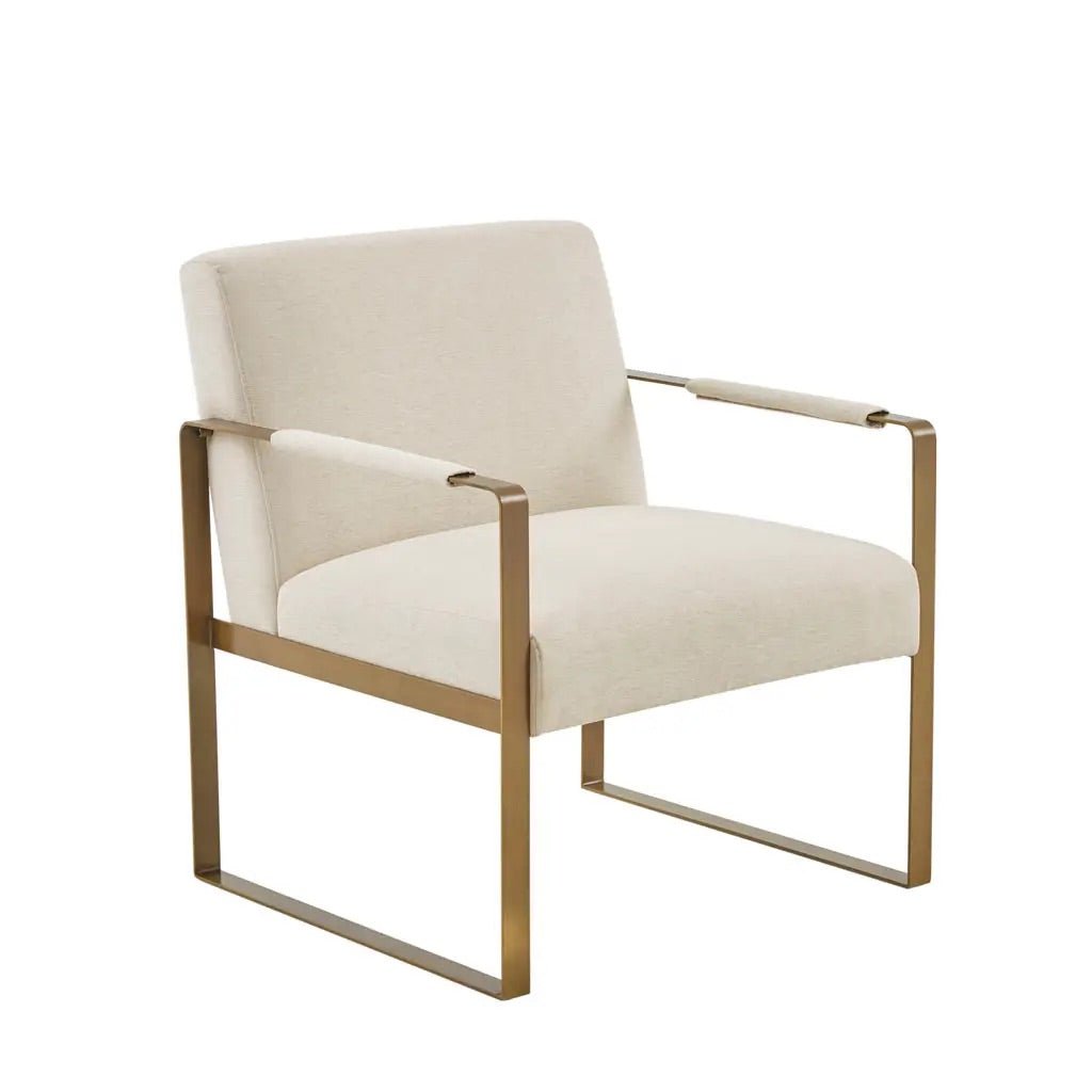 Designer Metal Base Lounge Accent Chair, Ivory Fabric/Gold Luxury High end upholstered trendy chic