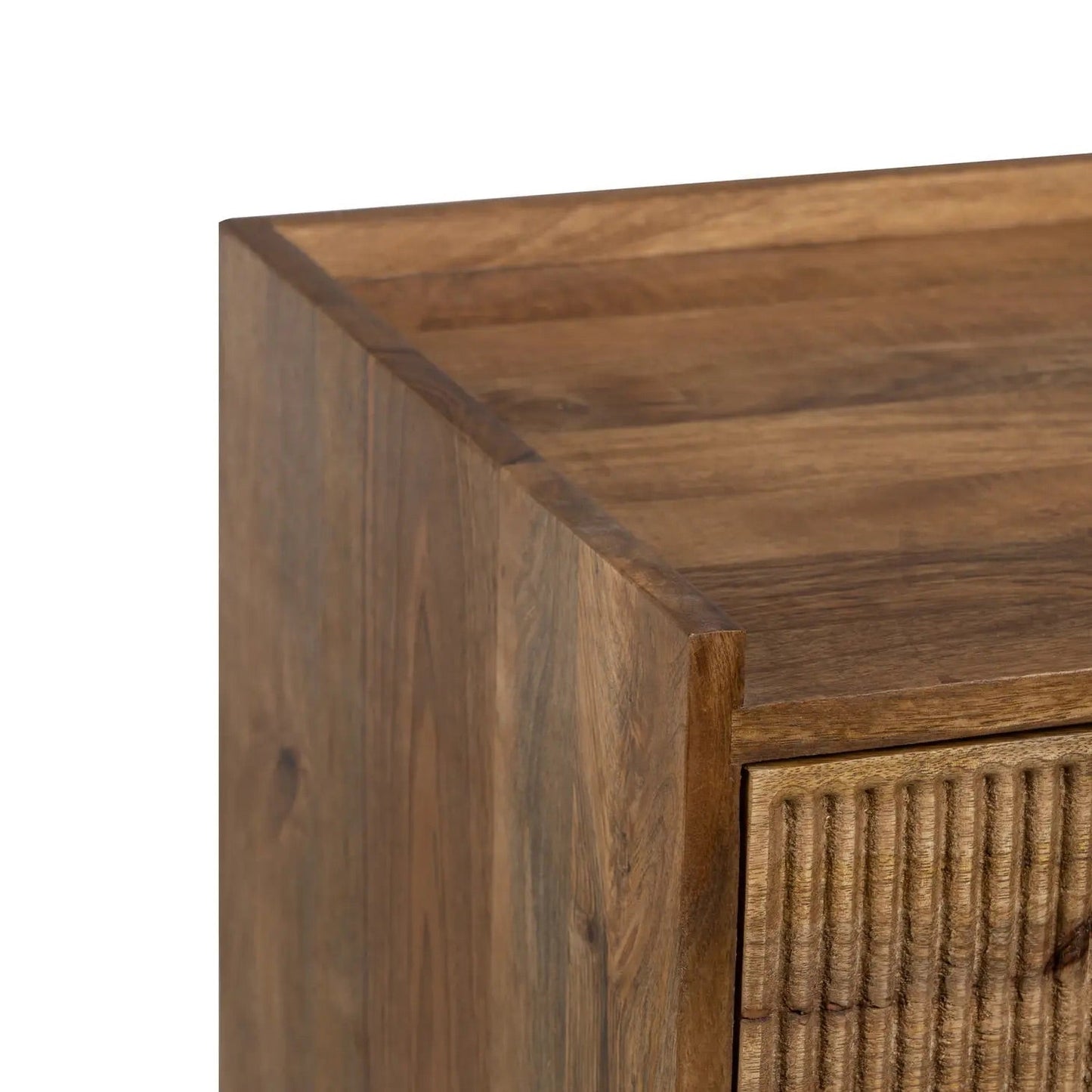 Moore Natural Mango Wood Nightstand with 2 Storage Drawers, Line Textured Pattern, European Style